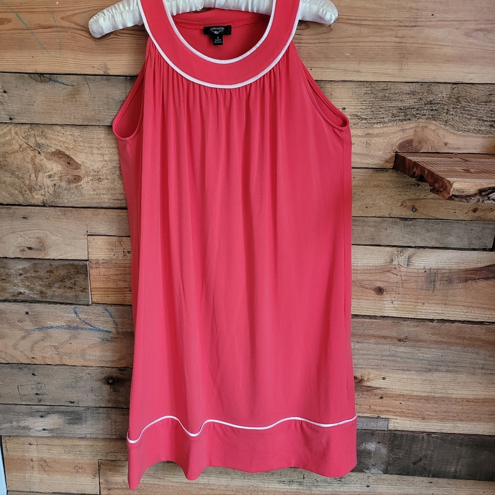 Suzy Chin Sheath Dress SZ 8 Cherry Pink White Trim Sleeveless